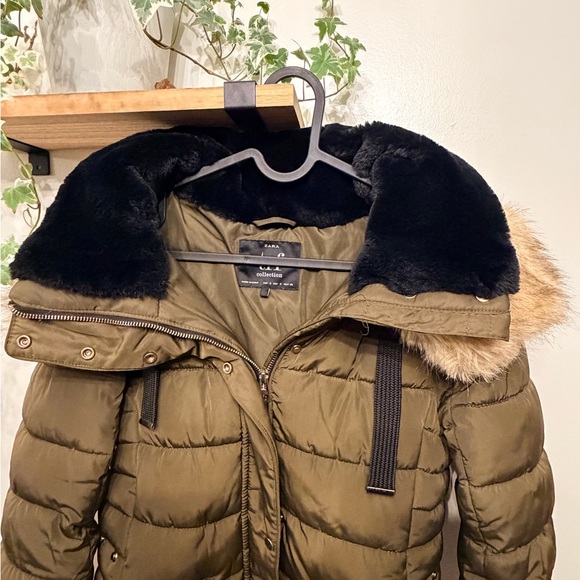 Zara Olive Puffer Jacket with Faux Fur Hood - Picture 3 of 6